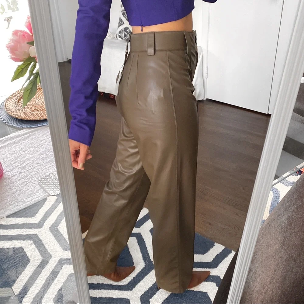 🍂 ZARA ASH BROWN FAUX LEATHER FULL LENGTH STRAIGHT LEG HIGH WAIST PANTS! - Picture 3 of 16